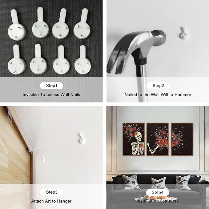 KAIRNE Gothic Skull Wall Art,Halloween Skeleton Canvas Set of 3(16”x24”),Scary Skull Painting,Horror Floral Botanical Prints,Romantic Spooky Halloween Wall Art for Living Room Bedroom Goth Party Decor