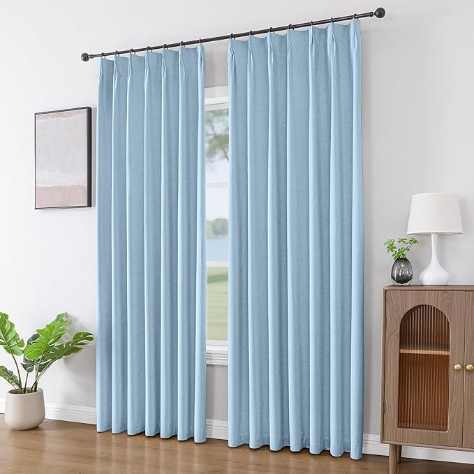 Joydeco Pinch Pleated Linen Curtains Darkening Drapes for Bedroom, 100% Blackout Drapes 96 inches Long 2 Panels Heat Blocking Curtains(Chambray Blue,40'' Wx96'' L)