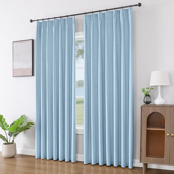 Joydeco Pleated Curtains for Living Room Bedroom, Linen Drapes 90 inch Length 2 Panels Set, Blackout Thermal Insulated Curtain(Chambray Blue,40'' Wx90'' L)