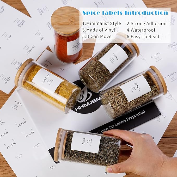 12 Pcs Glass Spice Jars With Bamboo Airtight Lids, 10oz Thicken(2.4mm) Spice Containers With 148 Minimalist Preprinted Waterproof Spice Labels, Kitchen Empty Small Storage Jars For Seasoning, Herb
