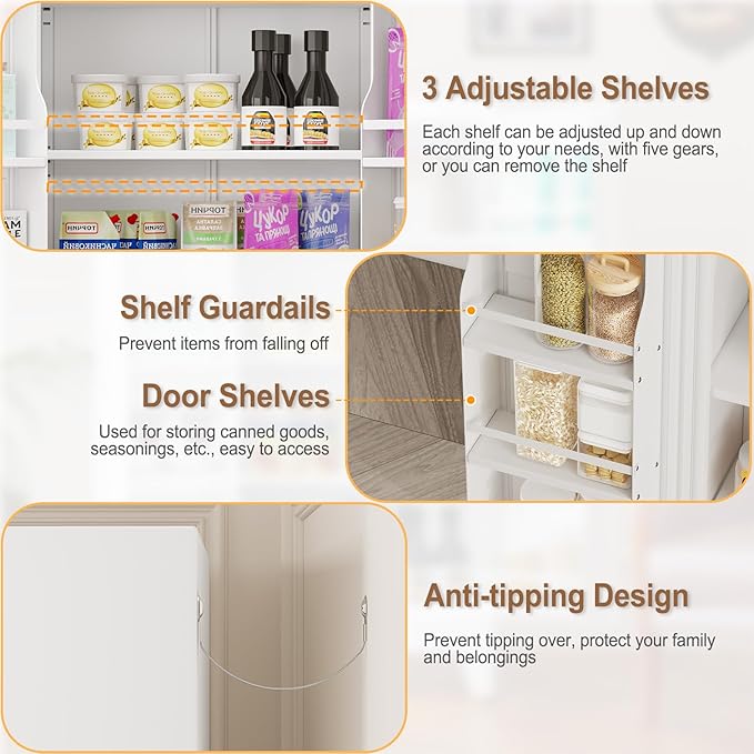 51" Metal Kitchen Pantry Cabinet, Storage Cabinets with 2 Door and 3 Adjustable Shelves, White Freestanding Food Storage Cabinet, Steel Cupboard for Kitchen Dinning Room