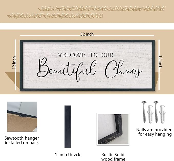comurdyo Welcome To Our Beautiful Chaos Wall Decor Art 32"X12" for Home Entryway Sign Large Wood Framed Wall Hanging (Black)