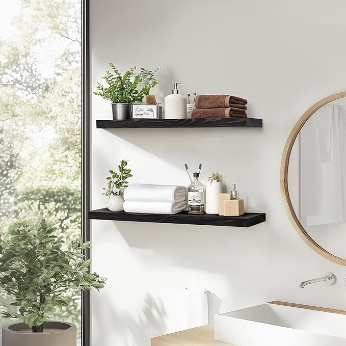 24"x6.8"x1.2" Solid Wood Floating Shelves 2-Pack - Rustic Black Finish with Hidden Brackets, Perfect for Storage and Décor in Living Room, Kitchen, Bedroom