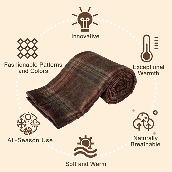 YOUR MOON 100% Pure Merino Wool Queen Size, Australian Organic Natural Wool Blanket, Hypoallergenic Wool Blanket for Bed, Medium Weight(Plaid Brown, 90 * 90)