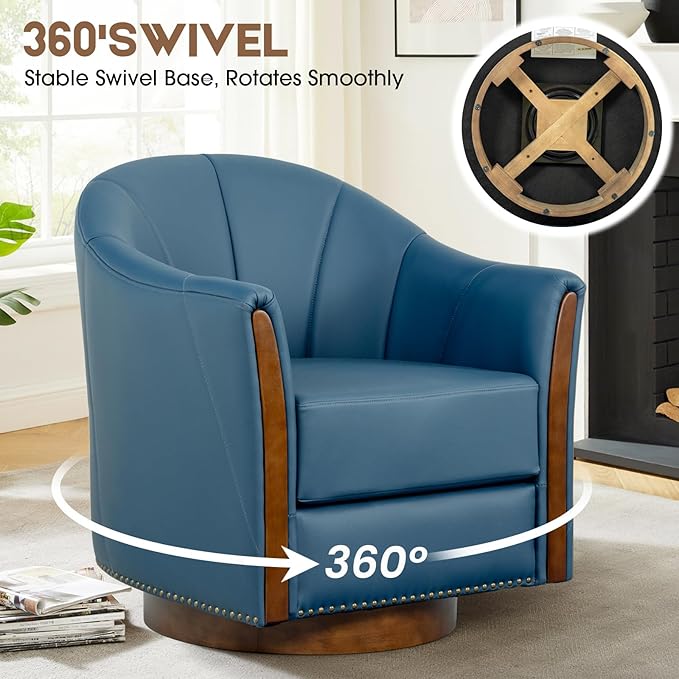 360° Swivel Accent Chair, Modern Leather Barrel Club Chair with Leather Upholstery and Sturdy Wood Base, Comfortable Armchair for Living Room, Bedroom, Reading Nook, Blue