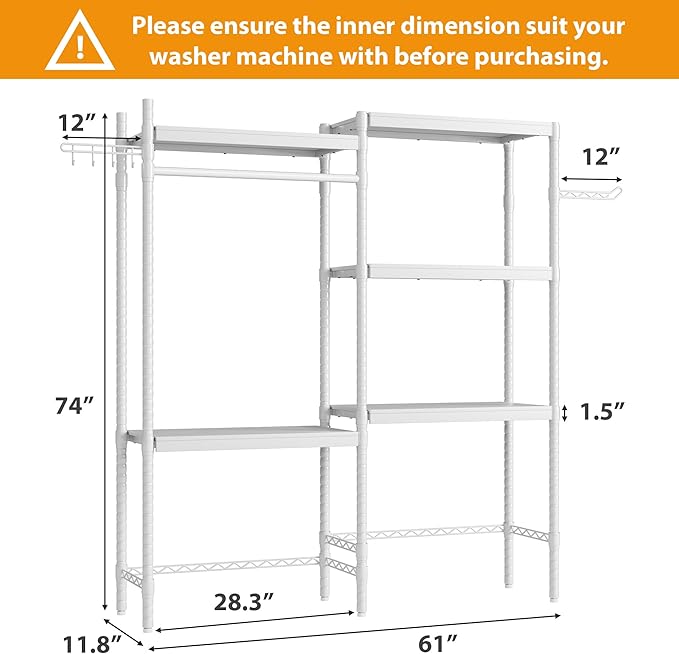 5-Tier Over-The-Washer Shelf - Adjustable 28" Laundry Organizer with 100lb Double Wood Shelves, Space-Saving Storage Unit for Small Homes (White)