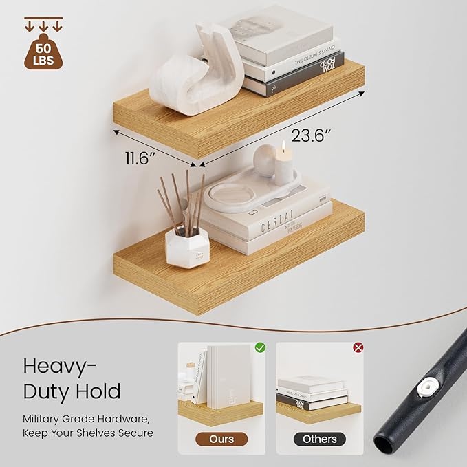 Heimlove 12" Deep Floating Shelves for Wall, 24 Inch Wall Shelf Bathroom Shelves Set of 2, Wall Mounted Shelves for Books Living Room Laundry Room Bedroom Kitchen Home Office, Oak