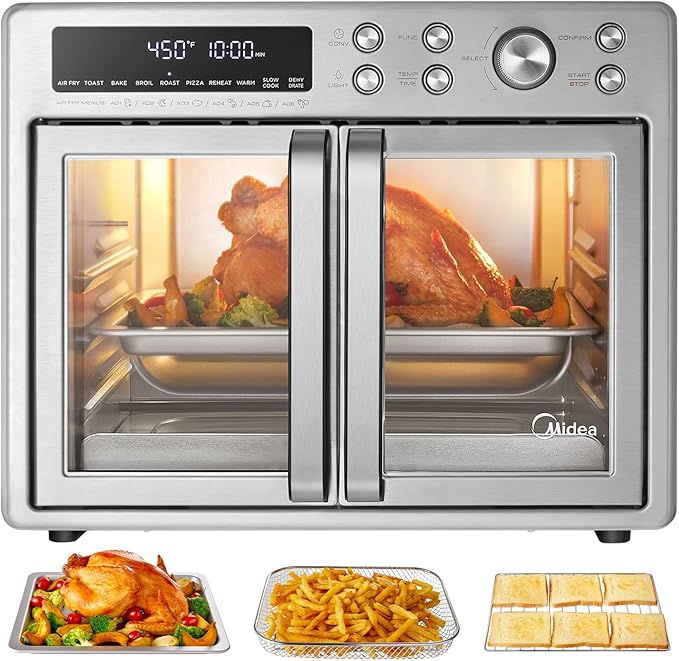 Midea Flexify French Door Toaster Oven Air Fryer Combo, 26.4 QT, Extra Large Air Fryer Countertop Oven 10-in-1 Combo, 25% Faster Cooking and 90% Less Oil, Stainless Steel