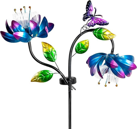 50'' Solar Powered Kinetic Wind Spinner Sculpture Blue Lotus Metal Stake Spinner for Patio, Lawn and Garden Decor Weather Resistant Outdoor Art with Dual Lotus with Butterfly Design