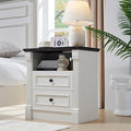 26" Tall Farmhouse Nightstand, 2 Drawers End Table w/Charging Station, 23.6" Wide Large Side Table w/Roman Column, Wood Rustic Sofa Table w/Open Shelf, Bedside Table for Bedroom, White