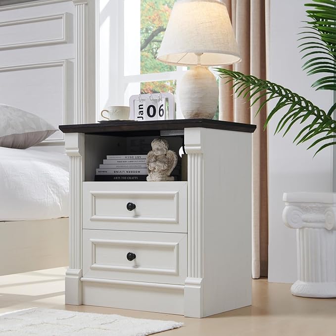 26" Tall Farmhouse Nightstand, 2 Drawers End Table w/Charging Station, 23.6" Wide Large Side Table w/Roman Column, Wood Rustic Sofa Table w/Open Shelf, Bedside Table for Bedroom, White