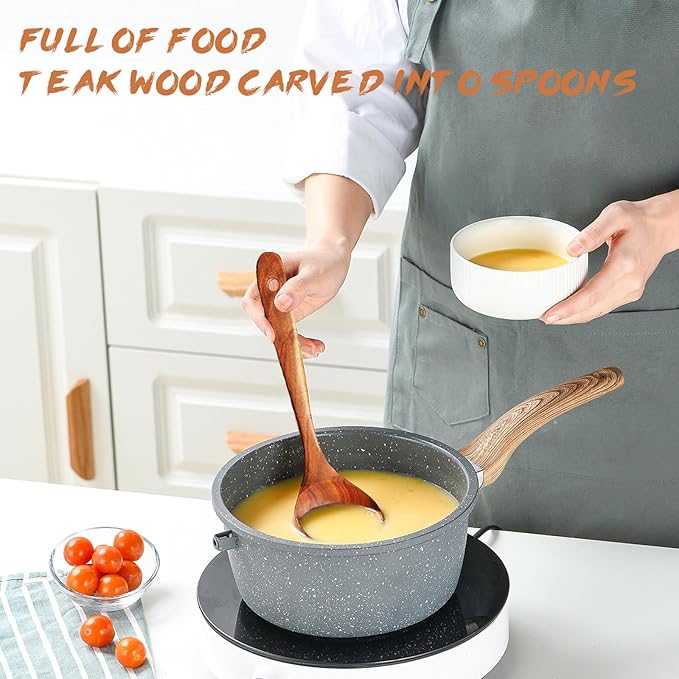 Wooden Spoons for Cooking, 1 Pcs Natural Teak Wooden Cooking Spoons for Non-Stick