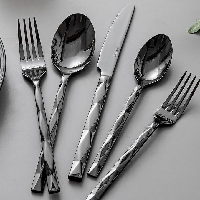 KINGSTONE Black Silverware Set, Luxury 40 Piece Flatware Set for, 18/10 Stainless Steel Cutlery Set with Diamond Cut Pattern for Kitchen, Home, Wedding, Party, Mirror Polished and Dishwasher Safe