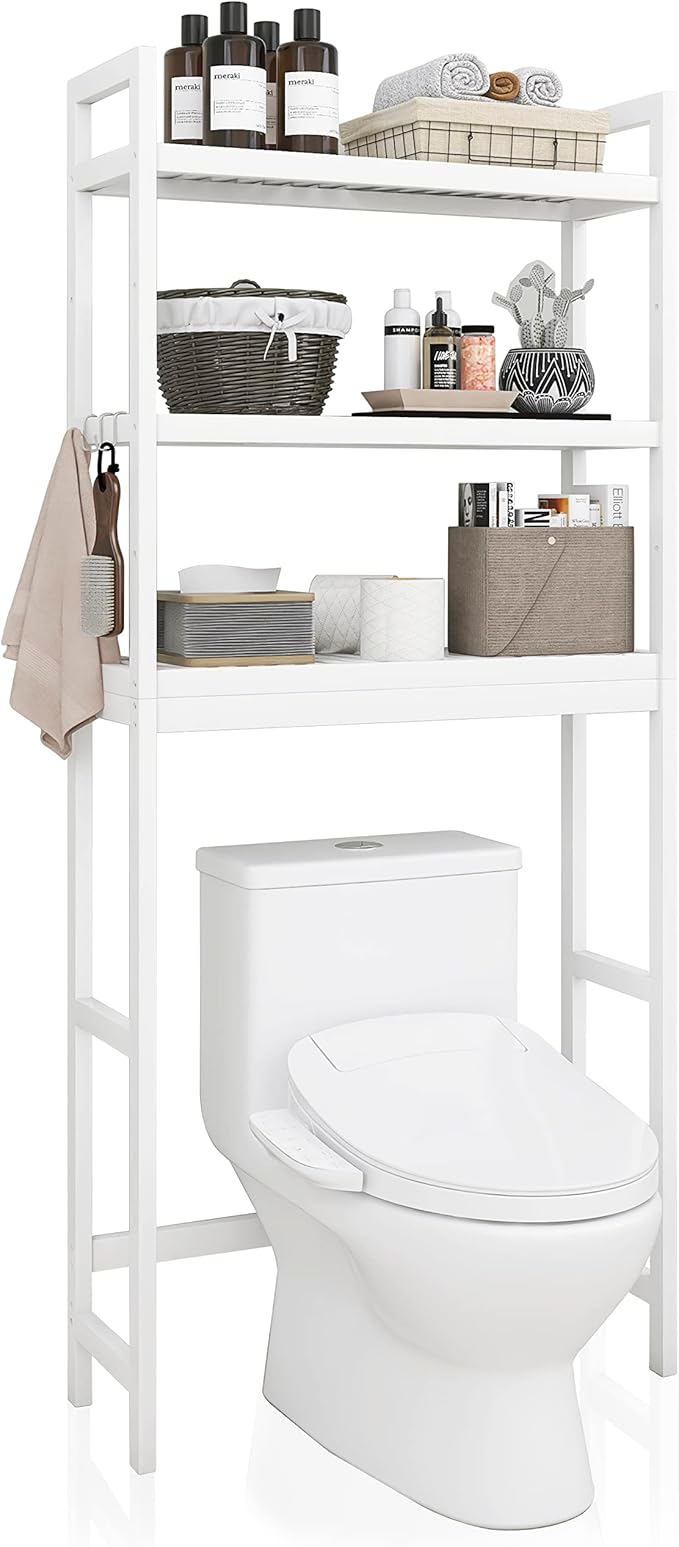 SMIBUY Bathroom Storage Shelf, Bamboo Over-The-Toilet Organizer Rack, Freestanding Toilet Space Saver with 3-Tier Adjustable Shelves (White)