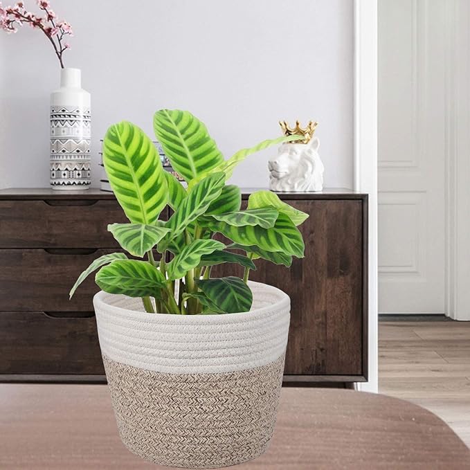 Cotton Rope Plant Basket Modern Woven Basket for 6" Flower Pot Floor Indoor Planters,Rustic Home Decor Storage Organizer H6 3/4" x W6 1/2"