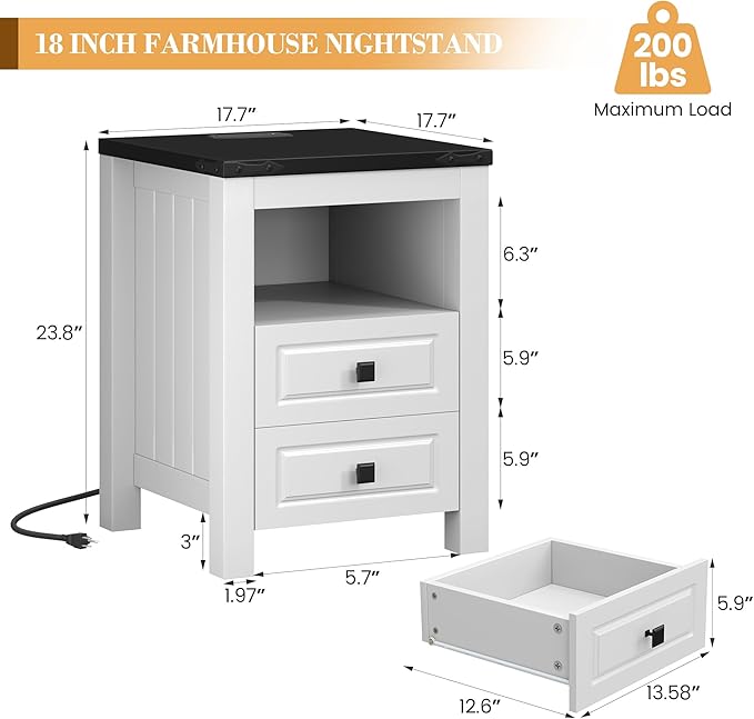 Farmhouse End Table Set of 2 with Charging Station - Apicizon Nightstands