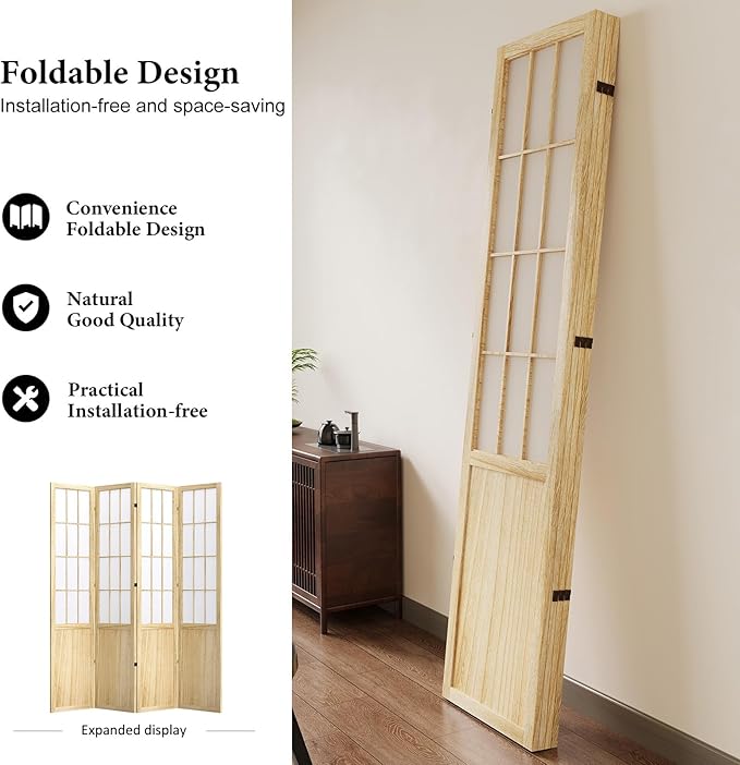 5.6FT Room Divider and Folding Portable Partition Screen, Chinese Japanese Shoji Style for Room Separation - 4 Panel (Natural)