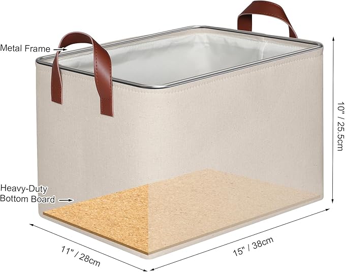 KEEGH Storage Baskets for Organizing, Fabric Storage Bins for Shelves with Leather Handle, Shelf Baskets for Closet Organization Closet Organizer Bins for Clothes, 15" L x 11" W x 10" H, Beige, 4 Pack