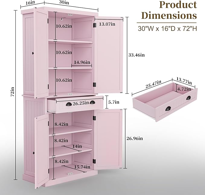 ARTPOWER 72" Tall Kitchen Pantry Storage Cabinet with Drawer and Adjustable Shelves, Pantry Cabinet for Kitchen, Bathroom or Hallway, Pink