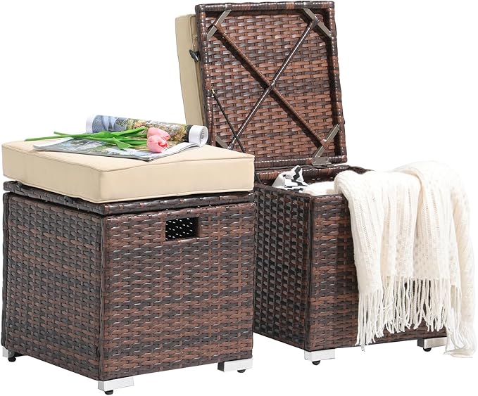 Patiorama 2 Piece Outdoor Patio Ottomans, All-Weather Brown PE Rattan Wicker Ottoman with Storage, Outdoor Footrest Footstool Seat w/Thick Cushion, Built-in Handle for Backyard Poolside Porch (Beige)