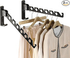 Dr.DJ Wall Mount Coat Hanger Holder Black Clothes Drying Organizer Rack Garment Hooks Aluminium Retractable Folding Indoor Wall Mounted Hanger Space Saver for Laundry Room Bedroom Black 2Pack
