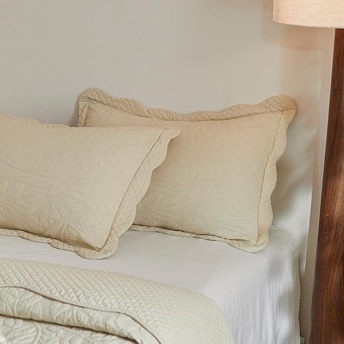 MarCielo 3-Piece 100% Cotton Oversized Bedspread Lightweight Quilt Coverlet Embroidery Farmhouse Bedding Set T0 (Yellowish Beige, Oversized Queen (100"x106"))
