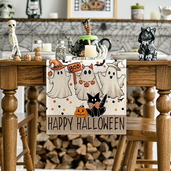 Artoid Mode Beige Ghost Jack-O'-Lantern Black Cat Halloween Table Runner,Holiday Kitchen Dining Table Decoration for Home Party Decor 13 x 60 Inch