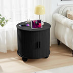 24" Large Fluted Round End Table with Charging Station, Farmhouse Cricle Sofa Side Table with Sliding Door and Storage, Rustic Curved Wood Nightstand for Living Room, Bedroom,Black