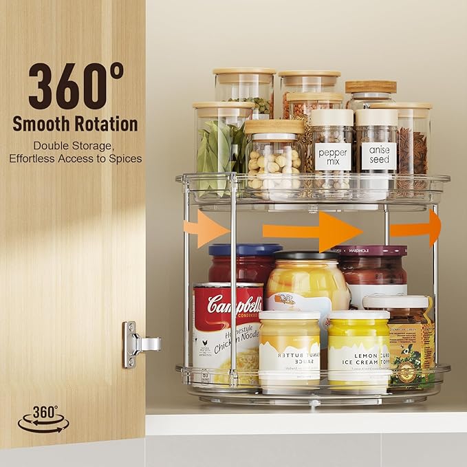 2 Tier Lazy Susan Organizer, 9.25'' Lazy Susan Turntable for Cabinet, Stackable Turntable Organizer Rotating Spice Rack Organization for Kitchen Countertop, Pantry, Bathroom, Clear