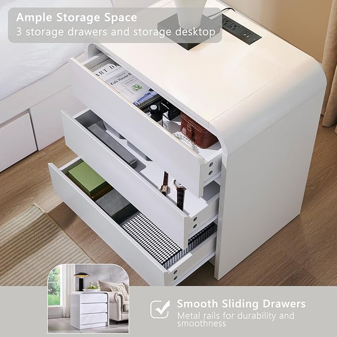 25" Tall Modern Nightstand with Charging Station, 23.6'' Wide Wood Bedside Table w/3 Storage Drawers, Small Dresser w/Curved Profile Design, End Table for Bedroom, White