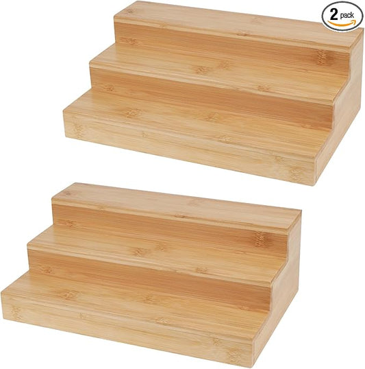 2 Pack Bamboo Spice Rack Organizer for Countertop, 3 Tier Spice Step Shelf for Cabinet (Jars Not Included)