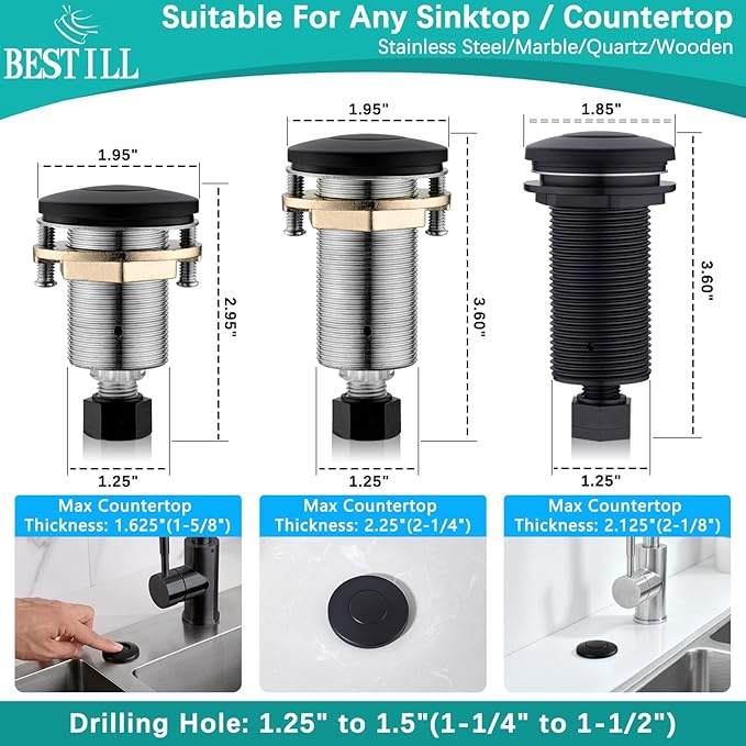 BESTILL Garbage Disposal Air Switch Kit - UL Listed, Brass 3.6" Long Push Button for Waste Disposer, Cordless Sink Top Switch Button, Matte Black, Compatible with all Garbage Disposals