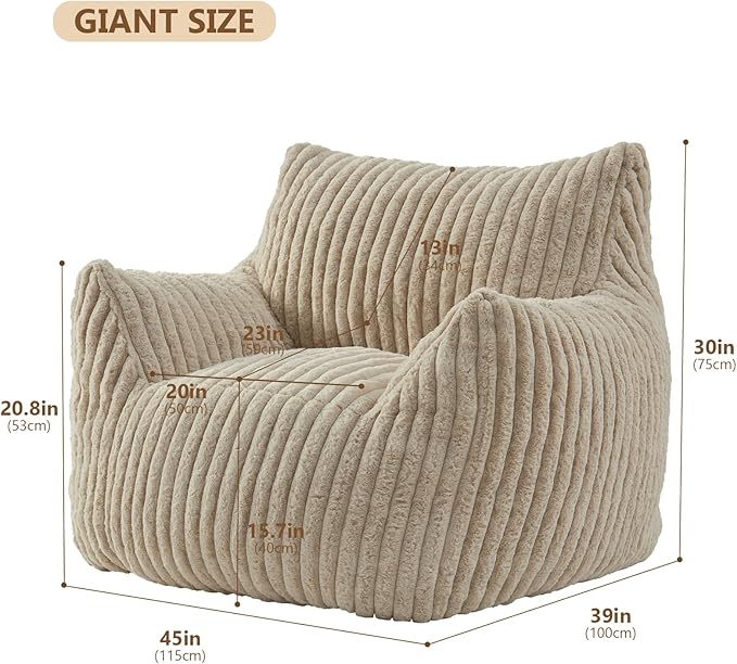 Giant Bean Bag Chairs for Adults Teens, Large Bean Bag Sofa Chairs with Filling Comfy Fuzzy BeanBag Chair with Armrests for Bedroom Living Room Reading