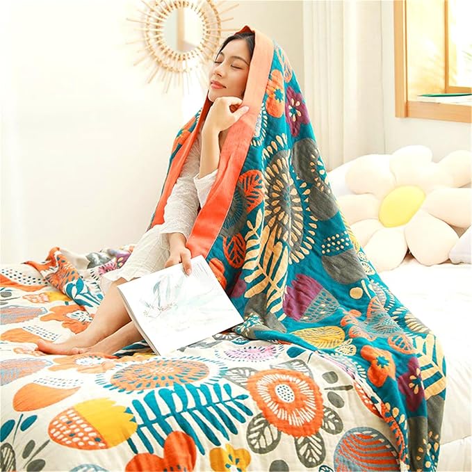 Boho Throw Blanket 60''x80'' for Bed Couch, Floral Muslin Bed Blankets Boho Quilt Travel Mexican 100% Cotton Super Soft Summer Blanket Picnic Blankets