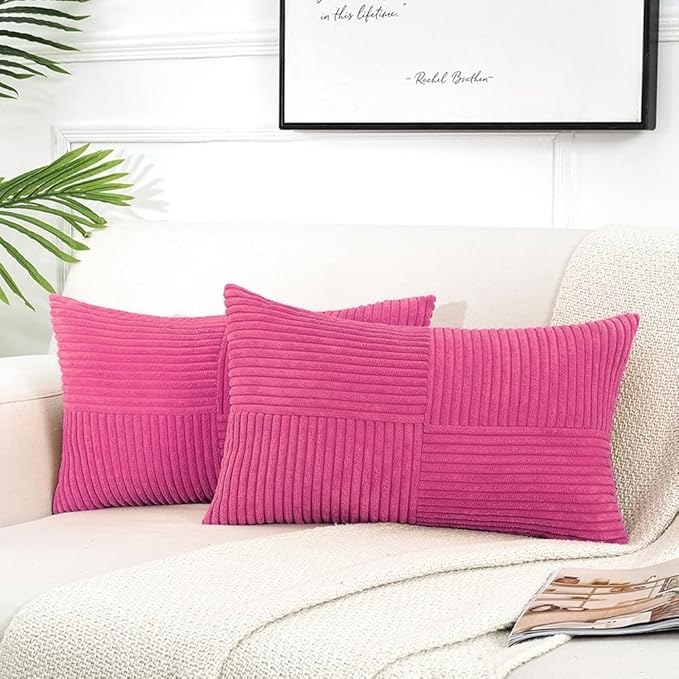 Fancy Homi 2 Packs Hot Pink Lumbar Decorative Throw Pillow Covers 12x20 Inch for Living Room Couch Bed Sofa, Rustic Farmhouse Boho Home Decor, Soft Striped Corduroy Rectangle Accent Cushion Case