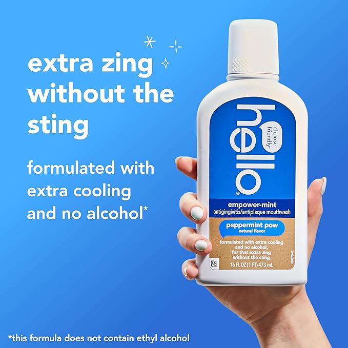 hello Empower-Mint Fluoride Free and Alcohol Free Mouthwash, Non Alcoholic Mint Mouthwash Pack, Peppermint Pow, 3 Pack, 16 Fl Oz Bottles