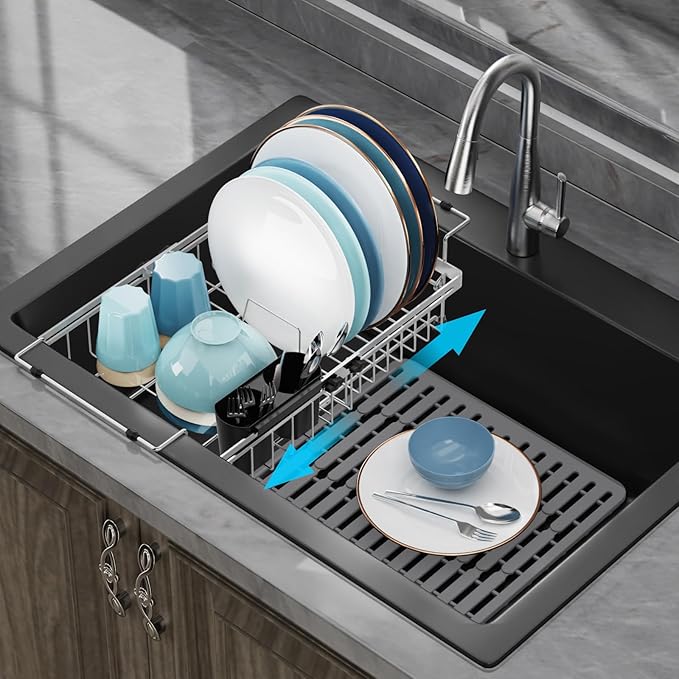 GSlife Expandable Dish Drying Rack - Stainless Steel Capacity Adjustable Over The Sink Rack (10.8''-17.9'') with Sink Mat, Dish Drainer for Kitchen Sink Counter with Utensil Holder, Silver