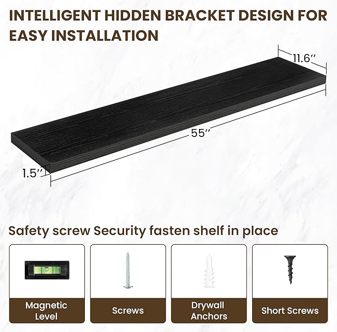 55 Inch Floating Shelves, 12 Inch Deep Floating Shelves for Wall, Floating Shelf with Invisible Brackets, Deep Shelves for Bathroom, Bedroom, Living Room, 1 Pack, Black