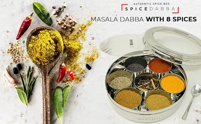 spice dabba Stainless Steel Indian Spice Box, Steel Masala Dabba, Double Lid Spice Container | Gift for Chefs | Size 8x8x2 In (Spice Box Only)