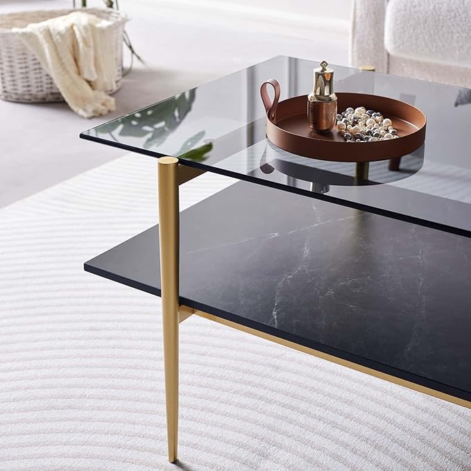Rectangle Coffee Table for Living Room, Mid-Century Modern Design, L41 x W21 x H17, 2-Tier Structure, Clear Glass Top and Black Marble Wood Shelf, Conical Metal Legs with Gold Finish