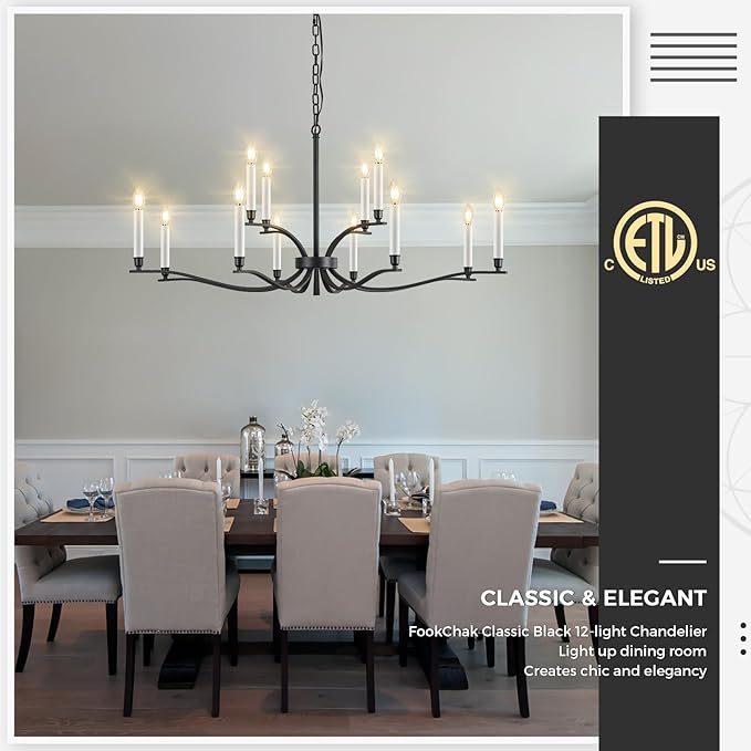 Black Living Room Chandelier 12 Light Hight Ceiling Foyer Candle Chandelier Large Dining Room Light Fixture Over Table 44in Metal Modern Chandeliers Hanging Light for Entry Master Bedroom