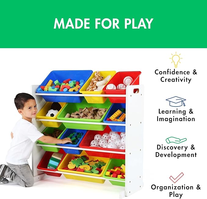Humble Crew Kids Toy Storage Organizer with 12 Plastic Bins, White/Primary – Removable Bins for Playroom, Bedroom, Toddler Furniture for Boys and Girls Ages