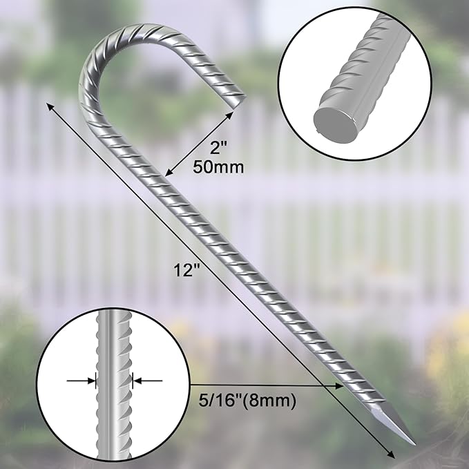12 Inch Rebar Ground Stakes Heavy Duty J Hook 55 Pack Metal Spikes Galvanized Ground Anchors Tent Stakes for Fence, Bounce House, Gazebos and Outdoor Decorations Inflatables