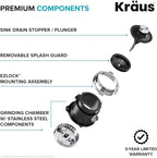 KRAUS WasteGuard 1/2 HP Continuous Feed Ultra-Quiet Motor Garbage Disposal with Quick Connect Mount, Power Cord and Flange Included, KWD110-50MBL