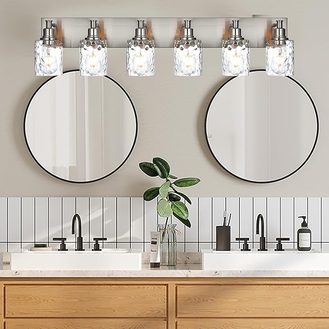 BONLICHT Vanity Light Fixture Brushed Nickel 6-Light Modern Farmhouse Wall Sconce Bathroom Lighting with Hammered Glass Industrial Wall Mount Lights for Kitchen Dining Room Cabinet Corridor