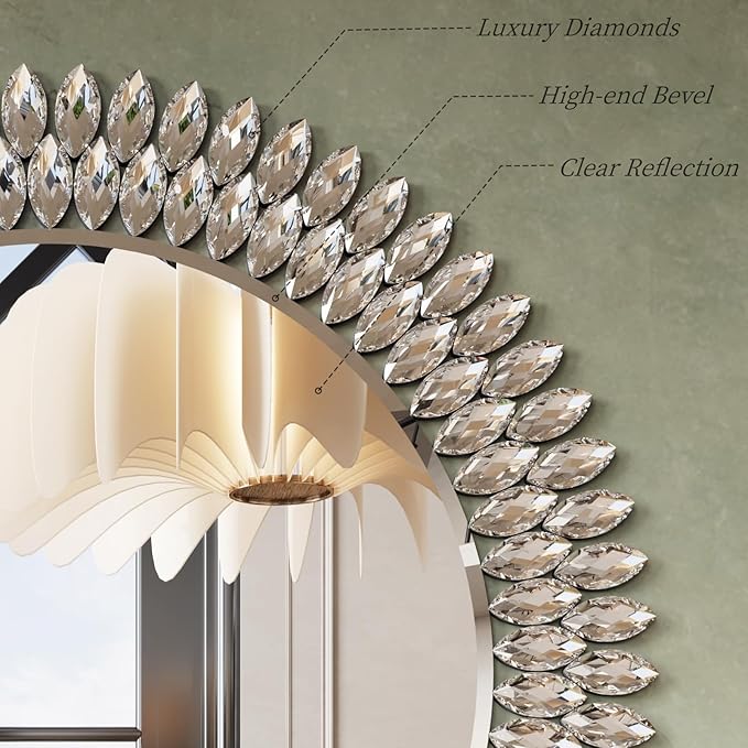 Kelly Miller Round Jeweled Mirror for Wall Decor, 26 in Modern Decorative Wall Mirror with Luxury Diamonds Beveled Vanity Mirror for Bedroom Dresser, Living Room Table, Bathroom, Hallway, Entryway