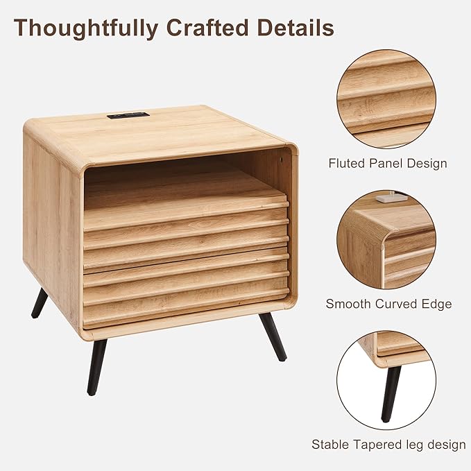 RedLemon 24 Inch Nightstand Set of 2 with Charger Station - Natural Oak