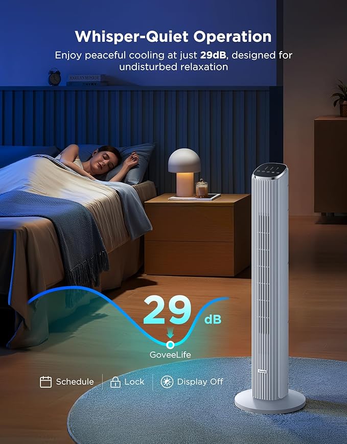 GoveeLife White Tower Fan for Bedroom, 36" Smart Floor Fan with App/Voice Control, Temperature Sensor, 5 Modes 8 Speeds(25ft/s), 29dB Quiet Oscillating Fan for Office, 24H Timer, Auto Cooling