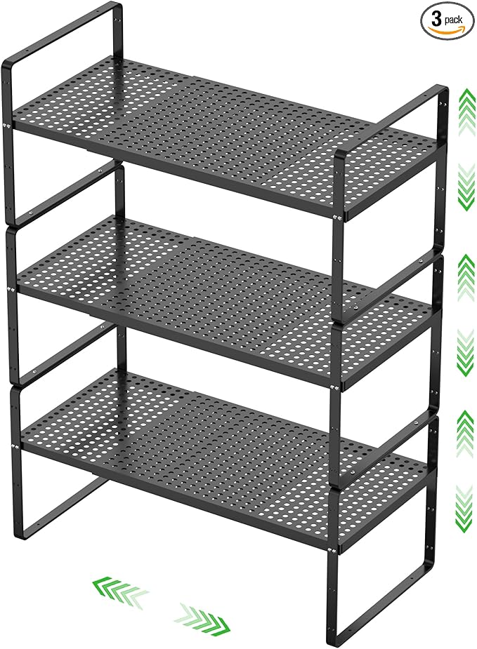 Expandable Cabinet Storage Shelf Stackable Organizer Rack for Kitchen Bathroom Pantry Spice Cupboard Coffee Countertop Home Office Desk Heavy Duty Nonslip Black Small 3 Packs