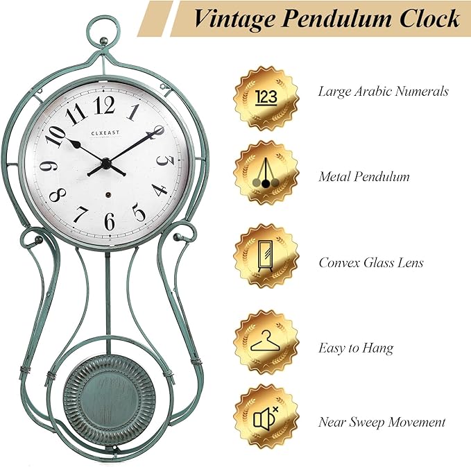 CLXEAST 20 Inch Metal Pendulum Wall Clock Battery Operated,Large Schoolhouse Wall Clocks for Living Room Decor,Antique Aged Teal Green Finish,House Warming Gifts New Home